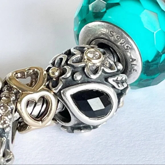 Pandora Dew Drops on Flowers Diamond Charm w/14k Details, Onyx & Diamonds - Picture 6 of 16